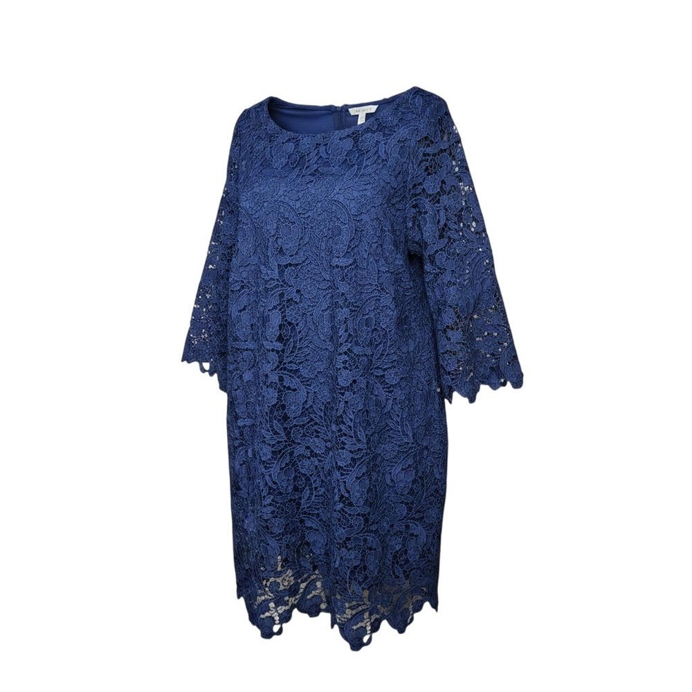 Ellos Womens Navy Blue Floral Lace Shift Dress V-Back‎ 3/4 Bell Sleeve Size 16